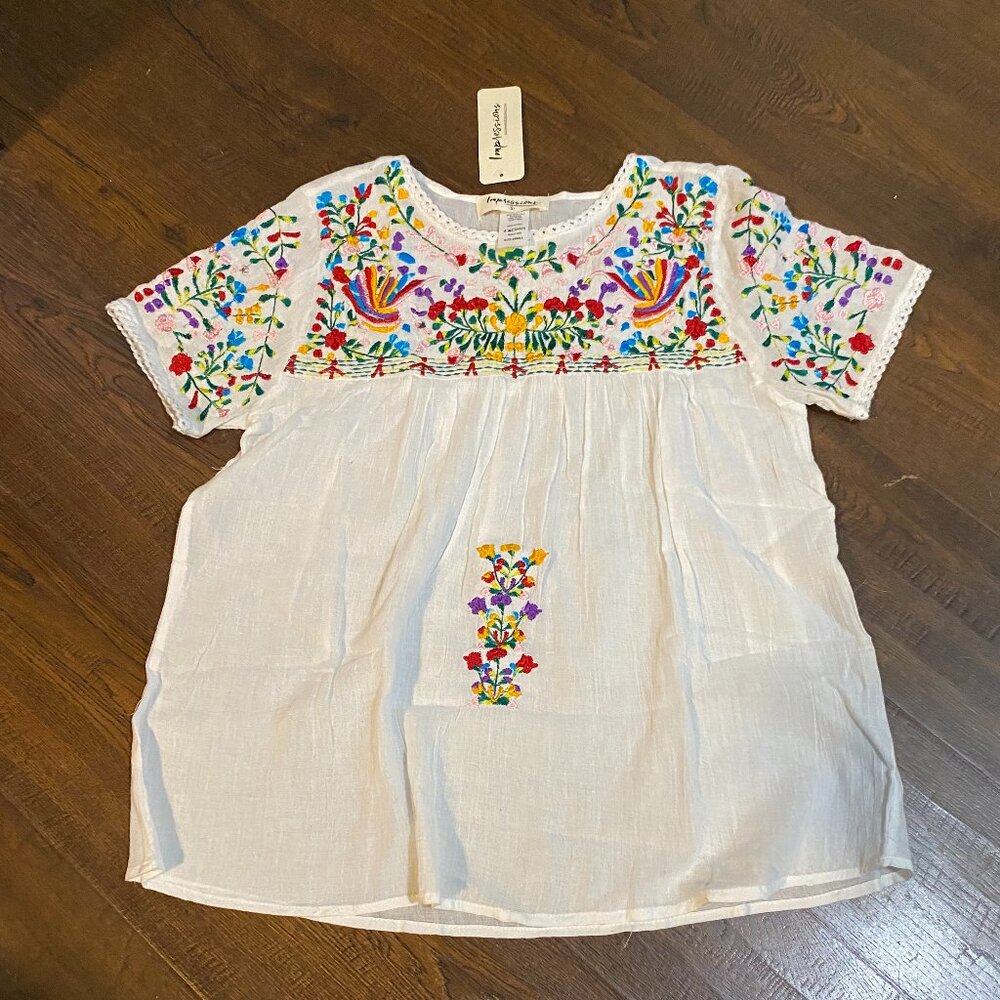 Impressions Garden Villa Embroidered Top White Small NWT